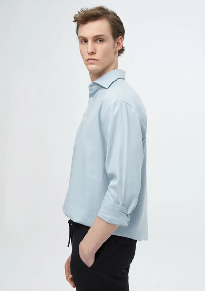 Mavi Düz Loose Fit Dokuma Casual Yün Karışımlı Gömlek modelleri