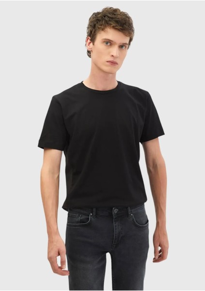 Siyah Düz Bisiklet Yaka %100 Pamuk T-Shirt
