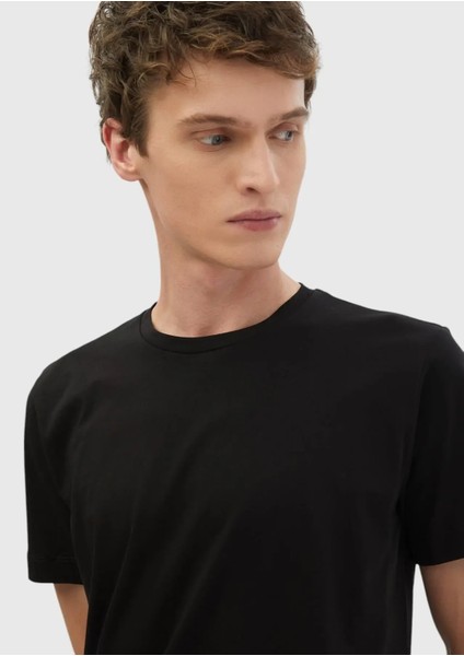 Siyah Düz Bisiklet Yaka %100 Pamuk T-Shirt fırsatları