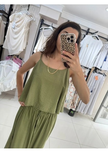 Askılı Keten Crop Bluz Haki