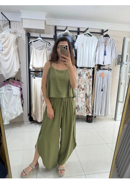 Askılı Keten Crop Bluz Haki fiyatları