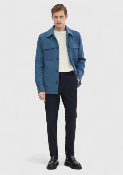 Koyu Mavi Düz Casual Fit Dokuma Yün Karışımlı Overshırt fiyatları