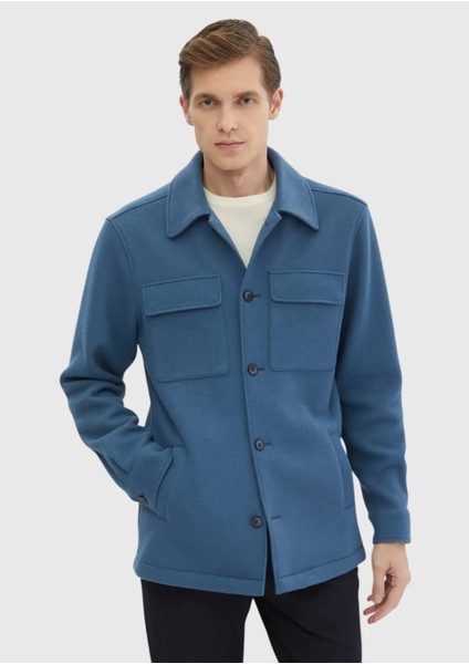 Koyu Mavi Düz Casual Fit Dokuma Yün Karışımlı Overshırt modelleri