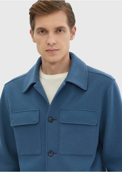 Koyu Mavi Düz Casual Fit Dokuma Yün Karışımlı Overshırt fırsatları