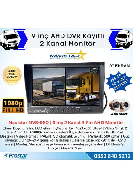 Kayıtlı 9 Inç Ikiye Bölen 2 Kanal Split Ahd 1080P/720P Destekli 4 Pin 256 GB Sd Destekli Monitör fiyatları