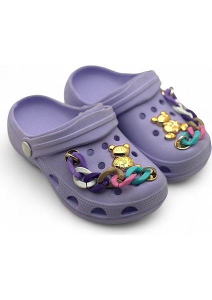 Kız Çocuk Lila Renk Eva Malzemeli Zincir Detaylı Altın Ayıcık Figürlü Rahat ve Kaymaz Tabanlı Günlük Terlik