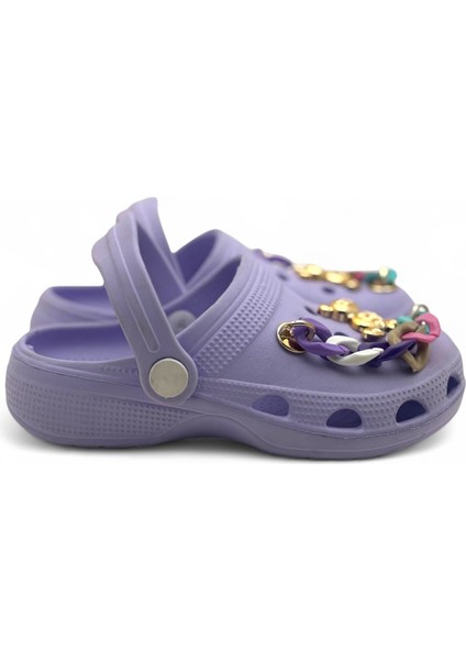 Kız Çocuk Lila Renk Eva Malzemeli Zincir Detaylı Altın Ayıcık Figürlü Rahat ve Kaymaz Tabanlı Günlük Terlik fiyatları
