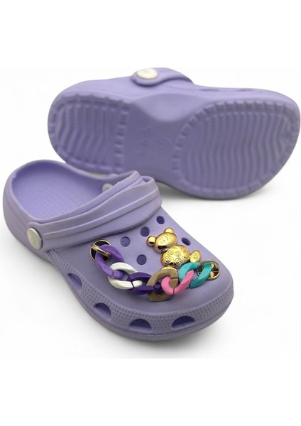 Kız Çocuk Lila Renk Eva Malzemeli Zincir Detaylı Altın Ayıcık Figürlü Rahat ve Kaymaz Tabanlı Günlük Terlik fırsatları