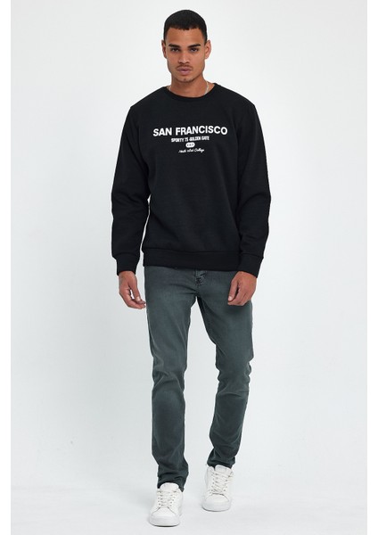 Süperlife Erkek Bisiklet Yaka Rahat Kalıp Içi Polarlı 3 Iplik Baskılı Swetashırt SPR24SW27