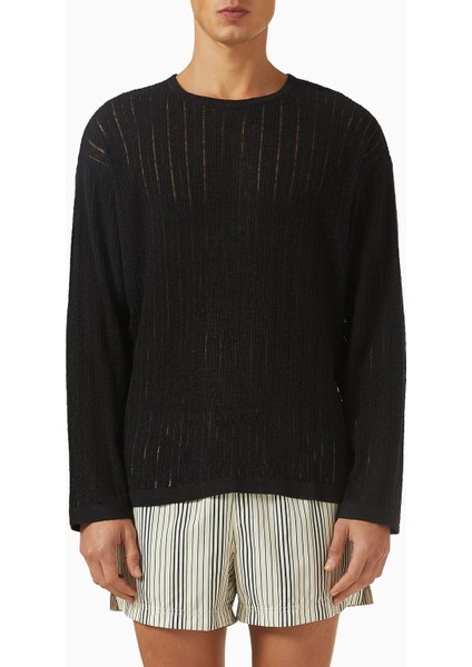 Pointelle Knit Sweater, Siyah Pamuk Keten Delikli Örgü Zarif Kazak