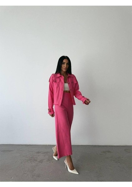 Keten Püskül Detaylı Gömlek-Pantolon Takım - Fuşya modelleri