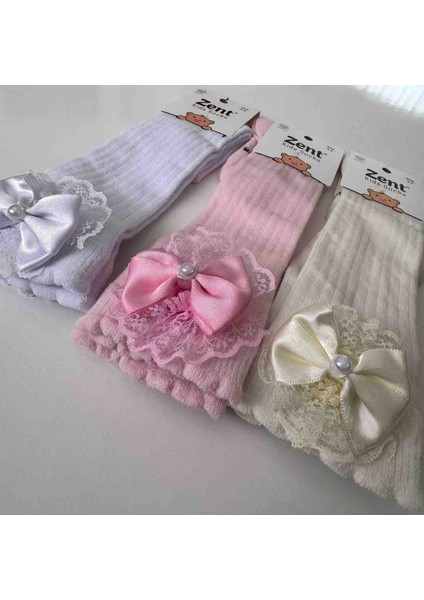 Zent Çocuk Dantelli Kurdeleli Uzun Çorap – 3 Renk Seçenekli (Beyaz, Pembe, Krem) fiyatları