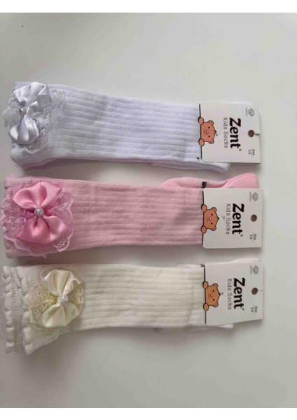 Zent Çocuk Dantelli Kurdeleli Uzun Çorap – 3 Renk Seçenekli (Beyaz, Pembe, Krem) modelleri