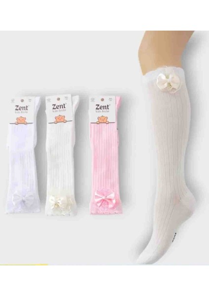 Zent Çocuk Dantelli Kurdeleli Uzun Çorap – 3 Renk Seçenekli (Beyaz, Pembe, Krem)