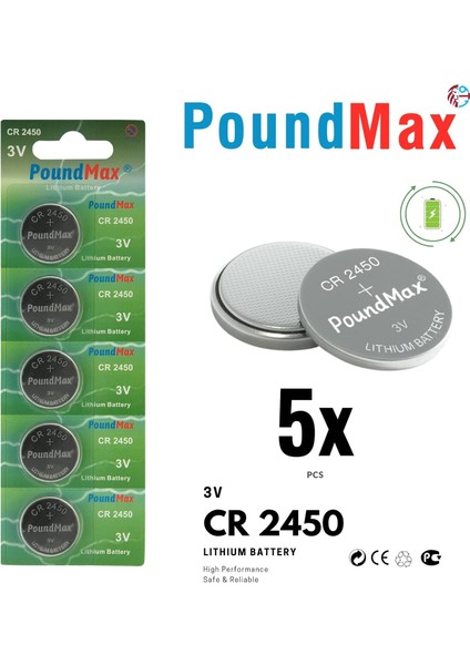 5 Adet 2450 CR2450 DL2450 DL2450 ECR2450 KCR2450 3V Poundmax Lityum Düğme Piller, Düğme Pil, Çocuklara Dayanıklı Ambalaj, Akıllı Ev Cihazları, Küçük Elektronik Ev Aletleri, Araba Anahtarları ve Diğer