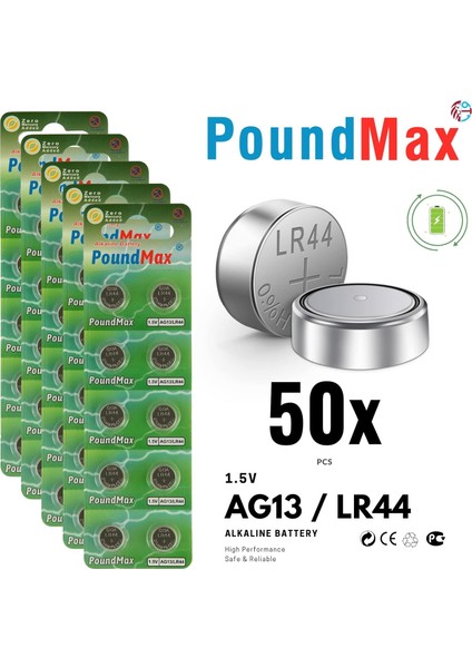 50 x AG13 LR44 1,5 V Poundmax Alkalin Düğme Pil