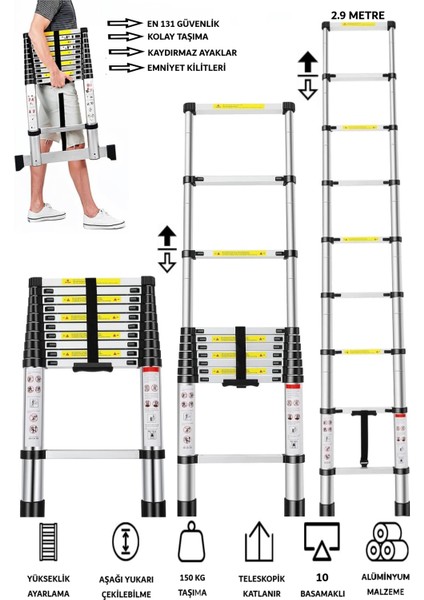 10 Basamaklı Teleskopik Uzayan Merdiven 2.9 Metre Alüminyum Yüksek Dayanıklı Malzeme Kaydırmaz Ayak
