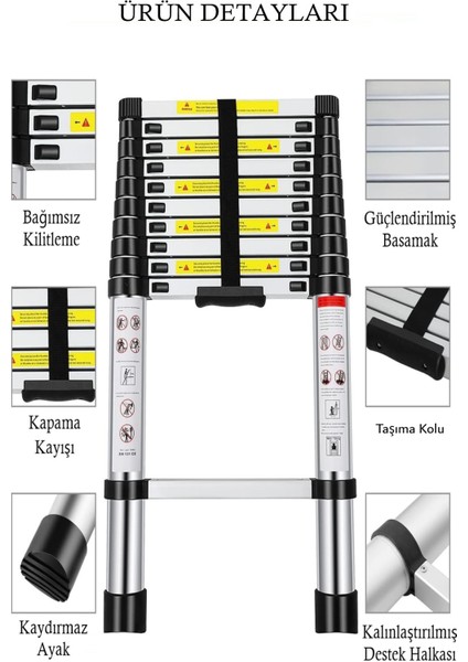 10 Basamaklı Teleskopik Uzayan Merdiven 2.9 Metre Alüminyum Yüksek Dayanıklı Malzeme Kaydırmaz Ayak fiyatları