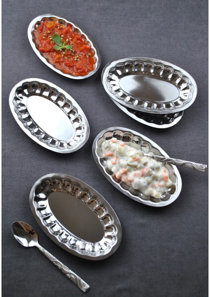 6'lı Çelik Dilimli Küçük Kayık Tabak Dilimli Kayık Tabağı Mini Meze Kahvaltı Sunum Kase 18X11 cm