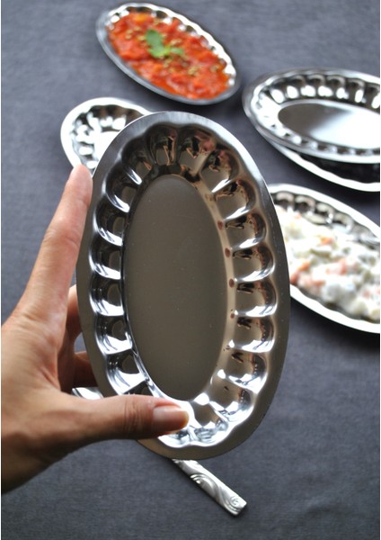 6'lı Çelik Dilimli Küçük Kayık Tabak Dilimli Kayık Tabağı Mini Meze Kahvaltı Sunum Kase 18X11 cm fiyatları