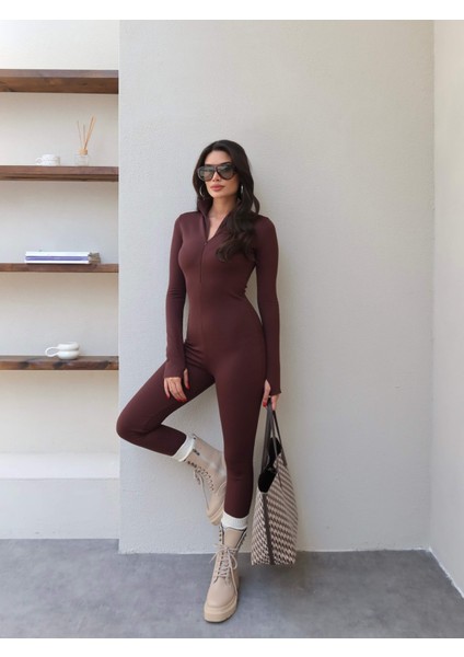 Kahve Şardonlu Fermuarlı Tulum