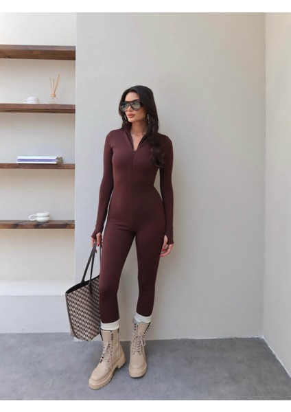 Kahve Şardonlu Fermuarlı Tulum fiyatları