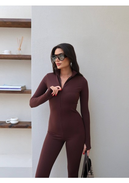 Kahve Şardonlu Fermuarlı Tulum modelleri