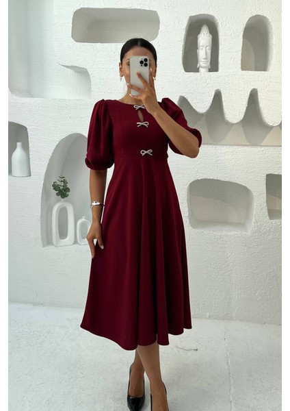 Kadın Kurdele Detaylı Midi Boy Balon Kol Elbise NBMY3578