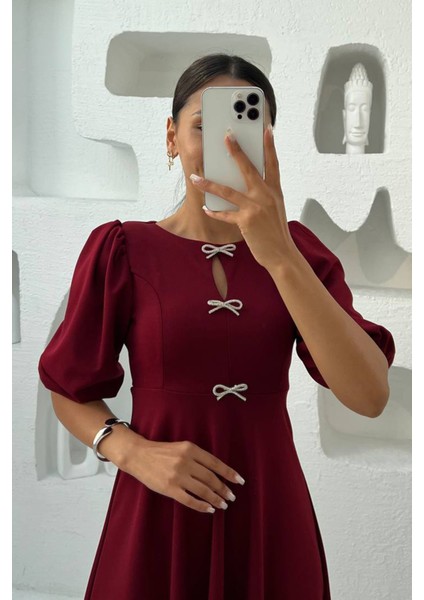 Kadın Kurdele Detaylı Midi Boy Balon Kol Elbise NBMY3578 fiyatları