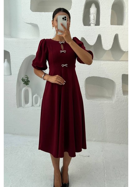 Kadın Kurdele Detaylı Midi Boy Balon Kol Elbise NBMY3578 modelleri