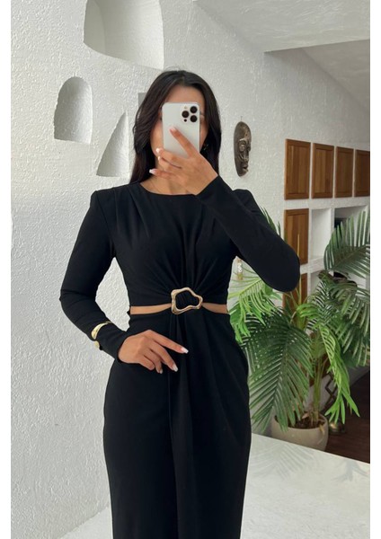 Kadın Bel Dekolteli Toka Detaylı Uzun Kollu Elbise NBMY3655