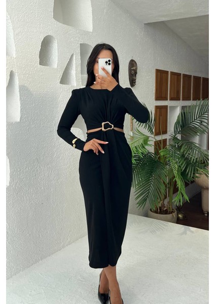 Kadın Bel Dekolteli Toka Detaylı Uzun Kollu Elbise NBMY3655 fiyatları