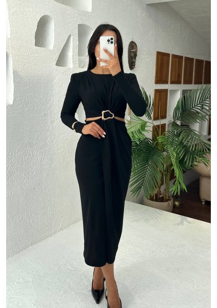 Kadın Bel Dekolteli Toka Detaylı Uzun Kollu Elbise NBMY3655 modelleri