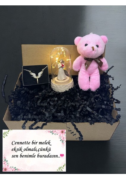 Ayıcık, Melek Kolye ve Melek Temalı LED Işıklı Biblo Sevgiliye Hediye Kutulu ve Notlu