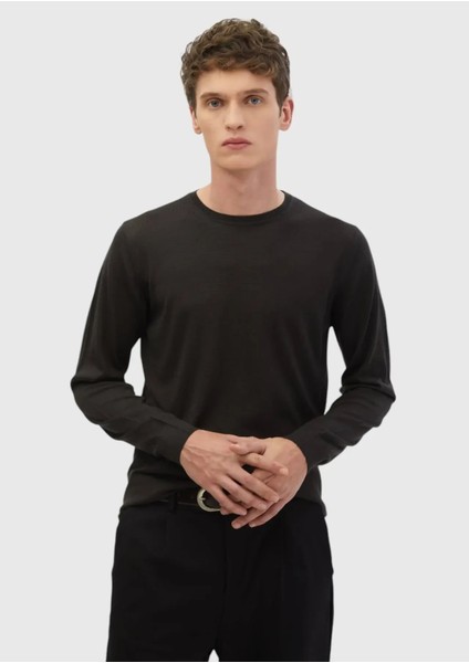 Antrasit Bisiklet Yaka Düz Örgü Ipek Karışımlı Triko Kazak