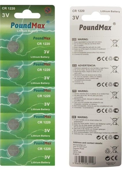 5 Adet CR1220 DL1220 1220 LIR1220 3V Poundmax Lityum Pil Lityum Düğme Pil, Küçük Elektronik Cihazlar Için Araba Anahtarları, Uzaktan Kumandalar, Teraziler, Saatler Ölçüm Cihazları ve Hesap Makineleri