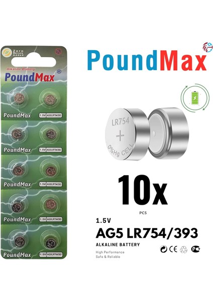 10 Adet AG5(LR754,393) 1,5V Alkalin Düğme Pil