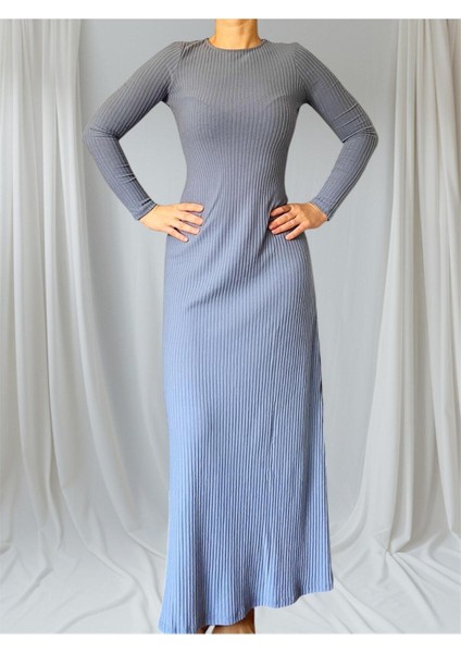 Kadın Şardonlu Likralı Fitilli Bisiklet Yaka Uzun Kalem Elbise