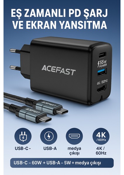 65W Pd Hızlı Şarj Adaptörü Usb-C 60W + Usb-A 5W 4K 60Hz Ekran Yansıtma Destekli