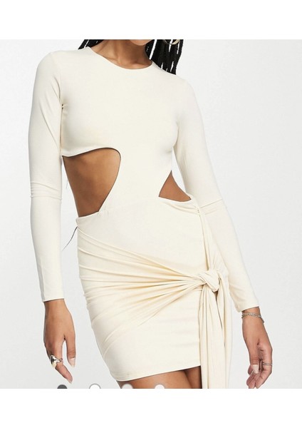 Krem Vücuda Oturan Bel Dekolteli Bağlama Detaylı Mini Elbise indirimleri