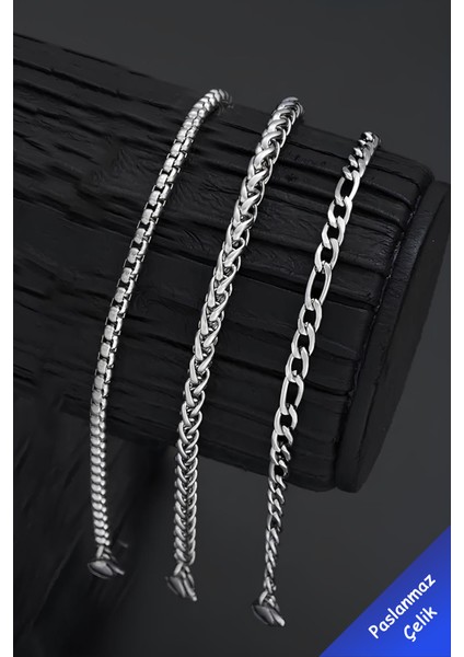 Paslanmaz 3 Adet Erkek Spor Çelik Bileklik Set (Figaro-Örme-Angelus)