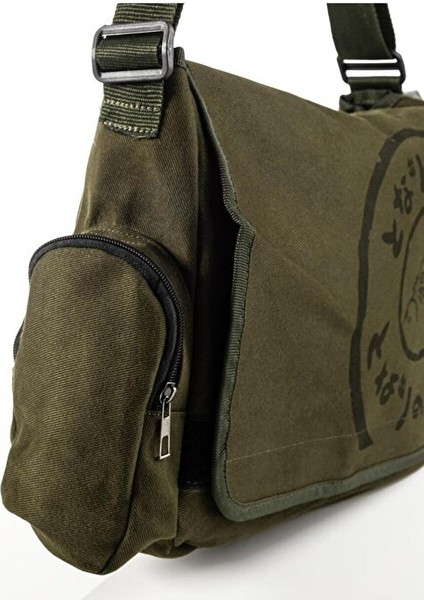 Haki Totoro Kapaklı Yan Cepli ve Suluk Bölmeli Postacı Çanta modelleri