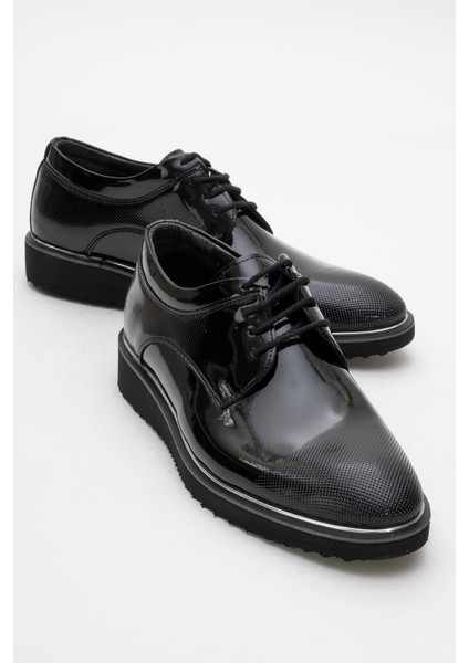 Erkek Klasik Ayakkabı Rugan ve Mat Siyah Renk Poliüretan Taban ile Düz Topuk
