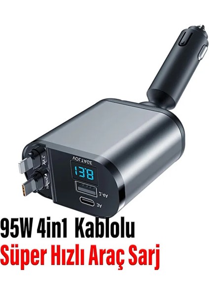 95W Hızlı Araç Şarj 4 In 1 Voltaj Göstergeli Tüm Telefonlar Için Hızlı Araba Şarjı Kendinden Kablolu