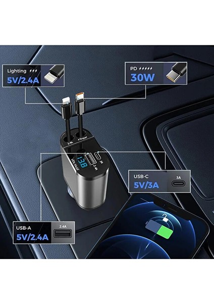95W Hızlı Araç Şarj 4 In 1 Voltaj Göstergeli Tüm Telefonlar Için Hızlı Araba Şarjı Kendinden Kablolu