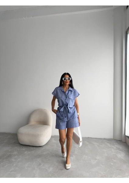 Keten Bağlamalı Kolsuz Gömlek - Duble Paça Şort Takım - Lacivert