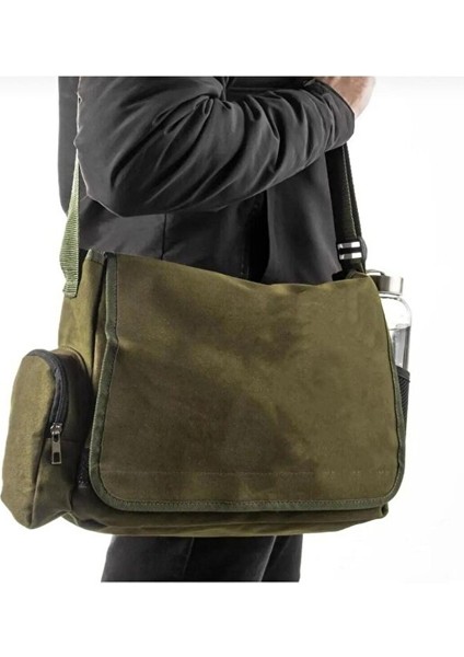 Haki Kapaklı Yan Cepli ve Suluk Bölmeli Postacı Çanta