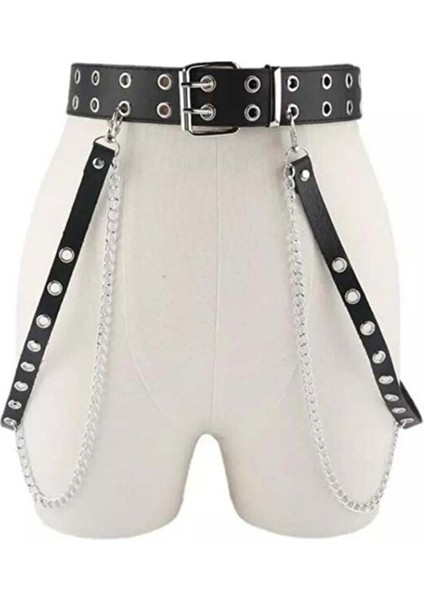 Kuşgözü Detaylı Zincirli Üçlü Siyah Deri Kemer