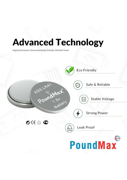 20 Adet Ag3 LR41 LR736 / L736 / G3 / G3A / 3ga / 192 / GP192 / V3GA / RW87 1.5V Poundmax Alkalin Düğme Piller Küçük Elektronik Ev Aletleri, Araba Anahtarları, Ölçüm Cihazları ve Hesap Makineleri modelleri