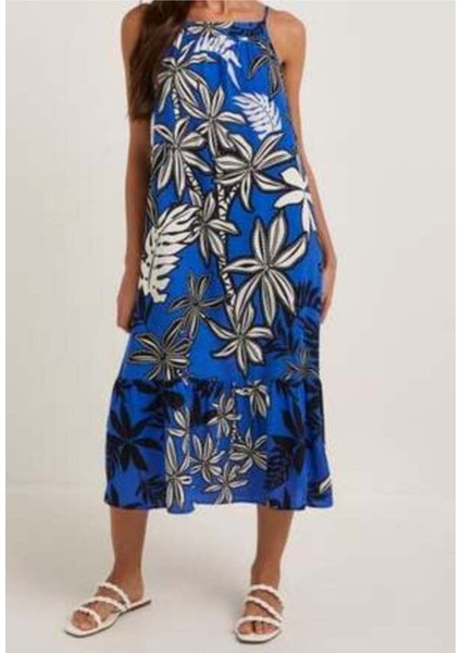 Kadın Yaprak Desenli Askılı Viskon Elbise